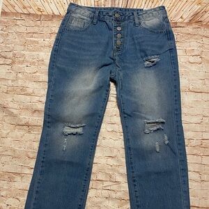 Distressed High Rise Blue Denim Jeans